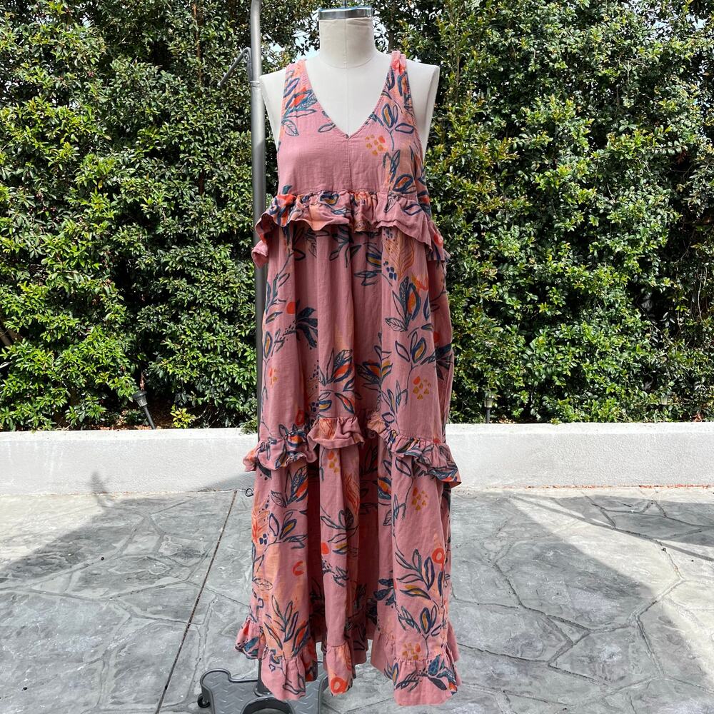 Free People Boho Maxi Dress Medium Pink Floral Ruffle Handkerchief Hem Cottage